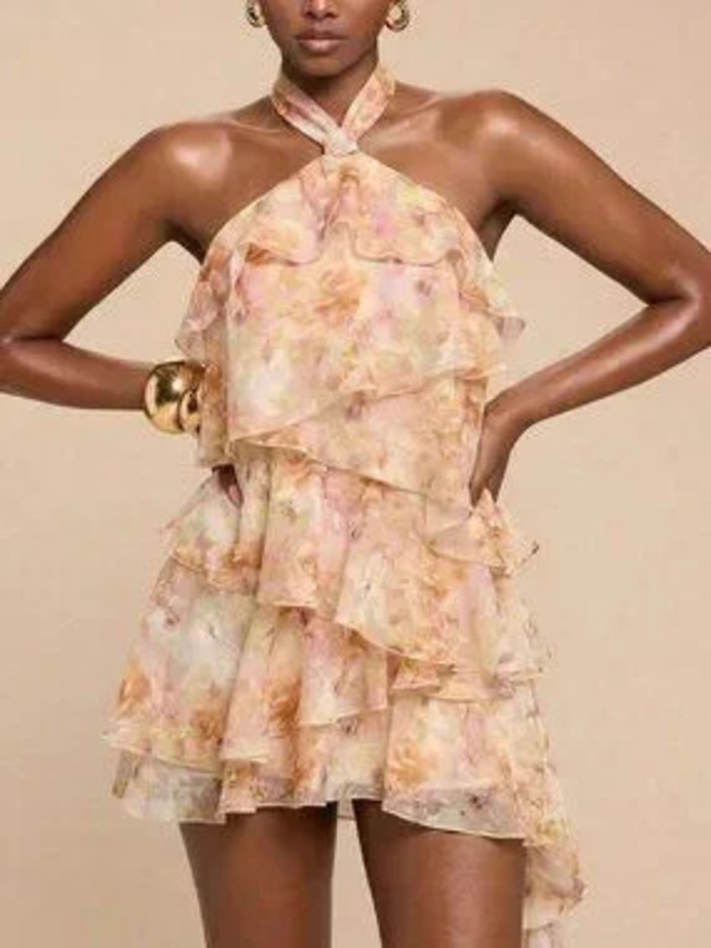 ZARA Pink Boho Women's Asymmetrical Shoulder Textured Ruffle Hem Mini dress